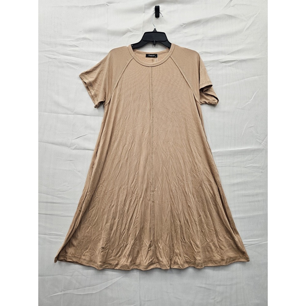 Fashion Women‎ Tan Ribbed Knit Short Sleeve A-Line T-Shirt Dress with Pockets M